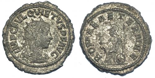 570   -  IMPERIO ROMANO. QUIETO. Antoniniano. Antioquía (261-262). R/ Roma sentada sobre escudo a izq. con lanza y Victoria con corona; ROMAE AETERNAE. VE-4,21 g. 22,4 mm. RIC-9. Porosidades. MBC. Escasa.