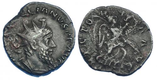 574 - IMPERIO ROMANO. LAELIANO. Antoniniano. Moguntiacum (268). A/ Busto radiado y con coraza a der.; IMP C LAELIANVS P F AVG. R/ Victoria con corona y palma avanzando a der.; VICTORIA AVG. VE 2,64 g. 18,9 mm. RIC-9. MBC/BC. Rara.
