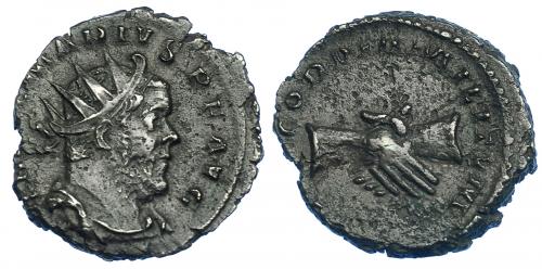 575 - IMPERIO ROMANO. MARIO. Antoniniano. Colonia (269). A/ Busto radiado, drapeado y con coraza a der.; IMP C MARIVS P F AVG. R/ Manos saludándose CONCORDIA MILITVM. VE 3,25 g. 19,1 mm. RIC-7. Porosidades. MBC. Escasa.