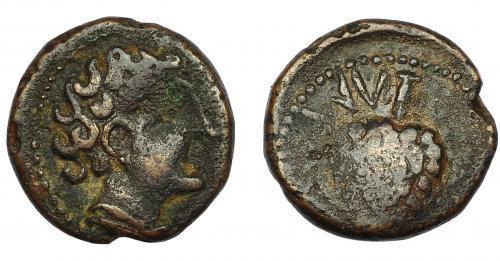 67   -  OLONTIGI. Unidad. A/ Cabeza masculina con manto a der. R/Piña, ley. l'nt. AE 5,28 g. 19,1 mm. I- 1878. ACIP-854. MBC-/BC+. Rara.