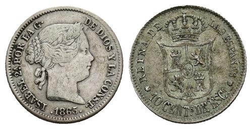 7   -  ISABEL II. 10 céntimos de escudo. 1865. Sevilla. VI-297. MBC-.