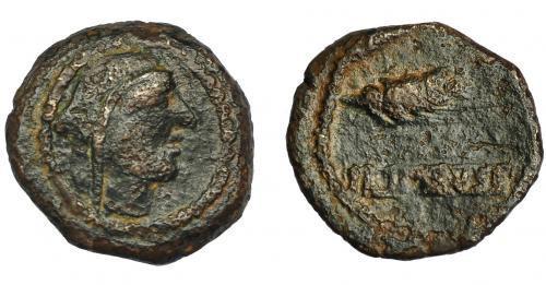 135   -  ILIPA. Cuadrante. A/ Cabeza femenina con tocado a der. R/ Espiga a der., debajo ILIPENSE. AE 20,1 mm. 4,21 g. I-1543. ACIP-2341. BC+. Muy rara.