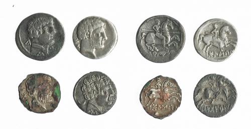 1   -  HISPANIA ANTIGUA. Lote de 4 denarios de Bolskan (2), Turiasu y Sekobirikes, 2 de ellos forrados. De BC+ a MBC.