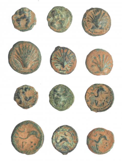 11 - HISPANIA ANTIGUA. Lote de 6 monedas de Hispania antigua: 4 de Arse-Saguntum (1 cuadrante y 3 sextantes) y Ebusus (2 octavos de calco). BC-/MBC-.