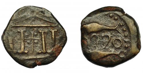 16 - HISPANIA ANTIGUA. ABDERA. Unidad. A/ Templo tetrástilo. R/ Dos atunes a der., en medio ley. púnica ´bdrt. AE 6,99 g. 22,5 mm. I-10. ACIP-874. MBC. Escasa.