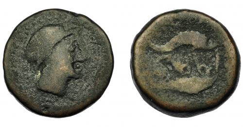 17 - HISPANIA ANTIGUA. ABDERA. Mitad. A/ Cabeza con casco a der. R/ Atún y delfín a izq., en medio ley. púnica `bdrt. AE 6,67 g. 18,9 mm. I-17. ACIP-879. BC-. Muy rara.