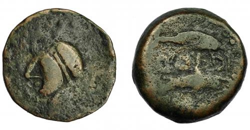 18 - HISPANIA ANTIGUA. ABDERA. Mitad. A/ Cabeza con casco a izq. R/ Delfín y atún a izq., en medio ley. púnica 'bdrt. AE 5,23 g. 19,9 mm. BC/BC-. Muy rara.