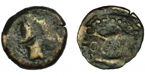 19 - HISPANIA ANTIGUA. ABDERA. Mitad. A/ Cabeza con casco a izq. R/ Atún y delfín a izq., en medio ley. púnica 'brt. AE 4,25 g. 19,9 mm. I-19. ACIP-882. BC-. Muy rara.