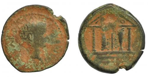 20 - HISPANIA ANTIGUA. ABDERA. As. Tiberio. A/ Cabeza laureada a der. R/ Templo tetrástilo, las dos columnas centrales en forma de atún; en el tímpano ley. púnica 'bdrt. AE 8,71 g. 27,1 mm. RPC-124. APRH-124. I-24. ACIP-3303. RC/BC.