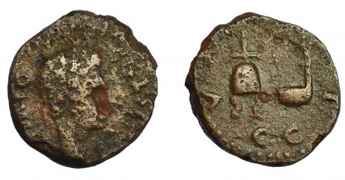 24 - HISPANIA ANTIGUA. ACCI. Semis. Augusto. A/ Cabeza laureada a der. R/ Instrumentos sacerdotales; (C I G) ACCI. AE 3,70 g. 17,2 mm. RPC-136. APRH-136. I-36. ACIP-3004. Oxidaciones en anv. BC/MBC-.