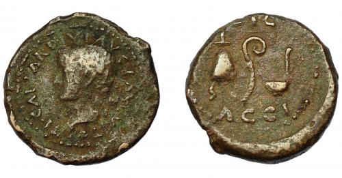 26 - HISPANIA ANTIGUA. ACCI. Semis. Tiberio. A/ Cabeza laureada a der. R/ Instrumentos sacerdotales; C I G/ ACCI. AE 7,32 g. 23,7 mm. RPC-140. APRH-140. I-40. ACIP-3008. BC+/MBC-.
