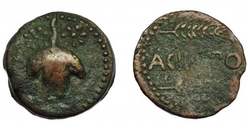 30 - HISPANIA ANTIGUA. ACINIPO. As. A/ Racimo de uvas con dos estrellas en la parte superior. R/ Dos espigas a der., en medio ACINIPO. AE 6,22 g. 21,3 mm. I-59. ACIP-2454. Vanos. BC+. Rara.