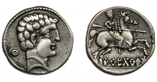 33 - HISPANIA ANTIGUA. AREKORATAS. Denario. R/ Marca letra ibérica Ku. R/ Jinete lancero a der. con un pie visible; debajo sobre línea AREKoRATa. AR 4,12 g. 18 mm. I-105. ACIP-1771. Hojita en rev. MBC.