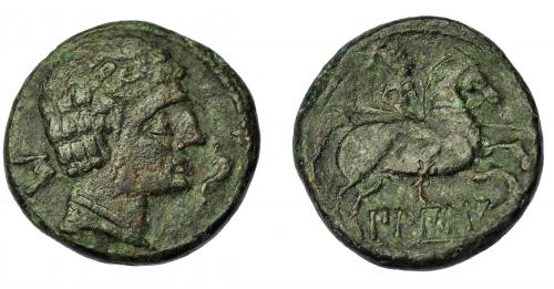 39 - HISPANIA ANTIGUA. BILBILIS. As. A/ Cabeza masculina a der., delante delfín y detrás letra ibérica S. R/ Jinete lancero a der., debajo ley. ibérica BiLBiLIS. AE 12,56 g. 26 mm. I-254. ACIP-1568. Pátina verde oscuro. MBC-.