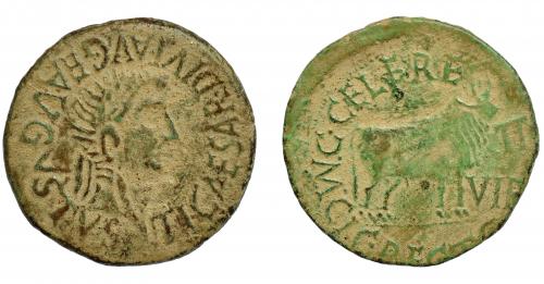 42 - HISPANIA ANTIGUA. CALAGURRIS. As. Tiberio. A/ Cabeza laureada a der. R/ Toro a der.; M C I / C CELERE/ C RECTO/ II/ VIR. RPC-450. APRH-450c. I-430. ACIP-3130b. Pátina verde claro. MBC-.
