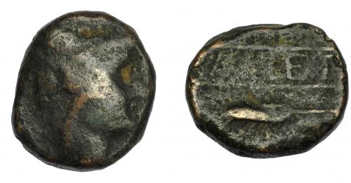 43 - HISPANIA ANTIGUA. CALLET. As. A/ Cabeza de Heracles con leonté a der. R/ Dos espigas a izq., en medio entre líneas CALLET. AE 12,59 g. 22,4 mm. I-435. ACIP-2411. BC-.