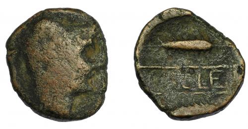 44 - HISPANIA ANTIGUA. CALLET. As. A/ Cabeza de Heracles con leonté a der. R/ Dos espigas a izq., en medio entre líneas CALLET. AE 12,17 g. 23,6 mm. I-435. ACIP-2412. BC-/BC+. Rara.