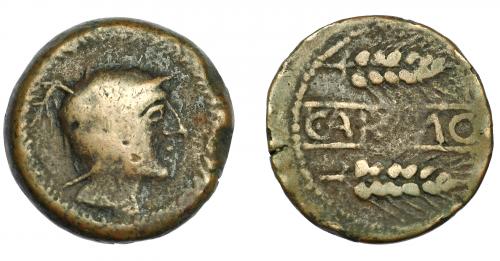 46 - HISPANIA ANTIGUA. CARMO. As. A/ Cabeza con casco a der., alrededor láurea R/ Dos espigas a der., en medio CARMO. AE 20,07 g. 29,9 mm. I-454. ACIP-2382. BC+.