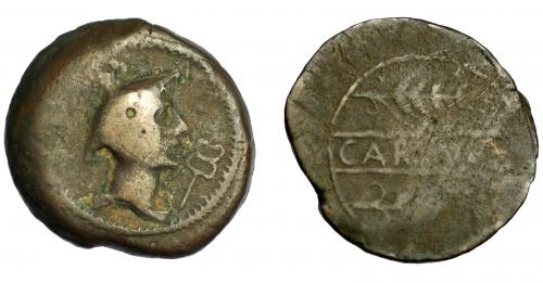 47 - HISPANIA ANTIGUA. CARMO. As. A/ Cabeza de Mercurio a der., delante caduceo. R/ Dos espigas a der., en medio CARMO. AE 23,62 g. 35,1 mm. I-455. ACIP-2389. BC+/BC-. Rara.