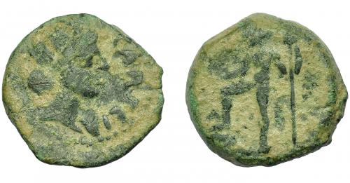 52   -  HISPANIA ANTIGUA. CARTEIA. Semis. A/ Cabeza femenina con corona mural a der., CARTEIA. R/ Neptuno a izq. AE 8,56 g. 22,7 mm. RPC-122. APRH-122. I-662. ACIP-2615. Pátina verde. BC+.