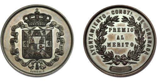 323   -  ALFONSO XII. Medalla. Ayuntamiento de Granada. Premio al mérito. Grabador Barrere. AE 36,5 mm. EBC.
