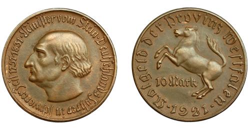 324   -  MONEDAS EXTRANJERAS. ALEMANIA Y ESTADOS ALEMANES. Westfalia. 10 marcos. 1921. EBC.