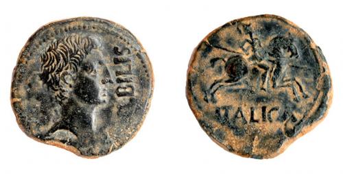 1 - COLECCIÓN CORES. BILBILIS. AUGUSTO. As. A/ Cabeza a der.; delante (BI)LBILIS. R/ Jinete lancero a der., debajo ITALICA, sin línea. AE 14,88 g. 28 mm. RPC-387 vte. APRH-387 vte. ACIP-158 vte. CC-4813, mismo ejemplar. Vano en anv. Pátina oscura. MBC.