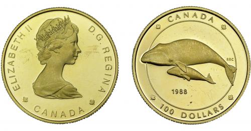 1092 - MONEDAS EXTRANJERAS. CANADÁ. 100 dólares. 1988. KM-162. Rayitas en anv. B.O. Prueba.