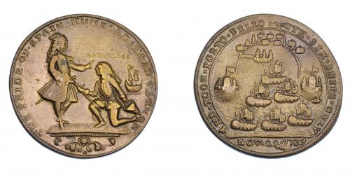 1101 - MONEDAS EXTRANJERAS. GRAN BRETAÑA. Medalla. Vernon. 1739. Toma de Portobello. DON BLAS en anv. 37 mm. MBC-/MBC.