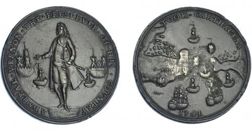 1102 - MONEDAS EXTRANJERAS. GRAN BRETAÑA. Medalla. Vernon. 1741. Toma de Cartagena. Ex C. Adams. 37,5 mm. Erosión en rev. MBC+.