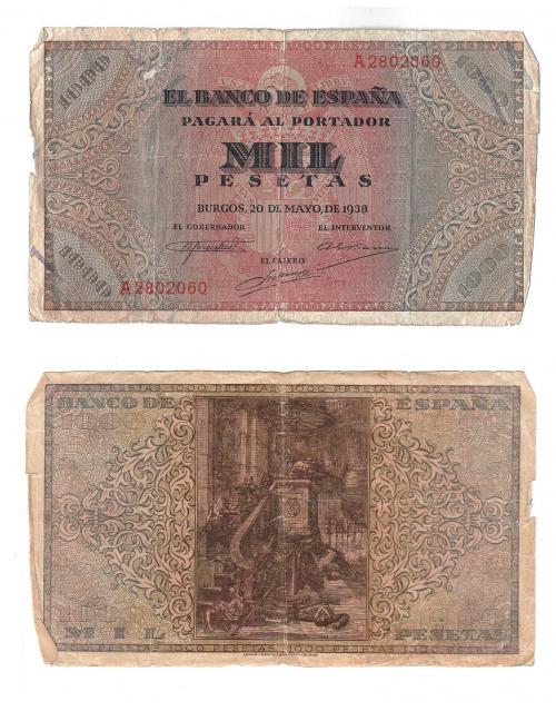 1150   -  BILLETES ESPAÑOLES. 1000 pts. 5-1938. Serie A. ED-D35. Bordes dañados. BC-.