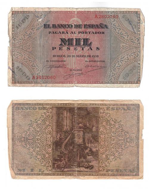 1150 - BILLETES ESPAÑOLES. 1000 pts. 5-1938. Serie A. ED-D35. Bordes dañados. BC-.