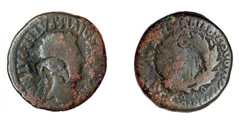 12 - COLECCIÓN CORES. BILBILIS. AUGUSTO. As. A/ Cabeza laureada a der.; AVGVSTVS DIVI F PATER PATRIAE. R/ Corona cívica rodeando II VIR; alrededor MVN AVGVSTA BILBILIS, M SEMP TIBERI L LICI VARO. Contramarca cabeza de águila en anv. AE 10,48 g. 28 mm. RPC-392. APRH-392b. ACIP-3017a. CC-4835, mismo ejemplar. BC.