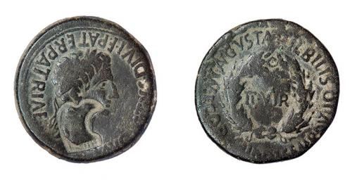 17 - COLECCIÓN CORES. BILBILIS. AUGUSTO. As. A/ Cabeza laureada a der.; AVGVSTVS DIVI F PATER PATRIAE. R/ Corona cívica rodeando II-VIR, alrededor MVN AVGVSTA BILBILIS- L COR CALIDO L SEMP RVTILO. Contramarca cabeza de águila en anv. AE 12,20 g. 28 mm. RPC-395. APRH-395. ACIP-3020. CC-4845, mismo ejemplar. Pátina oscura. MBC/MBC-.