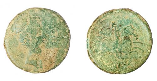 2 - COLECCIÓN CORES. BILBILIS. AUGUSTO. As. A/ Cabeza a der.; delante (BILBILIS). R/ Jinete lancero a der., debajo (ITALICA). AE 12,11 g. 28 mm. RPC-387. APRH-387. ACIP-1582. CC-4814, mismo ejemplar. Pátina verde. BC-/BC.