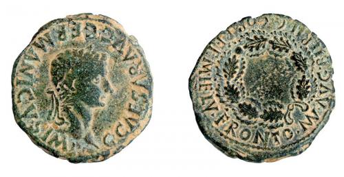 22 - COLECCIÓN CORES. BILBILIS. CALÍGULA. As. A/ Cabeza laureada a der.; G CAESAR AVG GERMANICVS IMP. R/ Corona cívica rodeando (II VIR), alrededor MVN AVG BILBIL C COR REF M HELV FRONTO. AE 11,46 g. 29 mm. RPC-400. APRH-400. ACIP-3026. CC-4859, mismo ejemplar. Vano en rev. Pátina verde. BC+. Escasa.