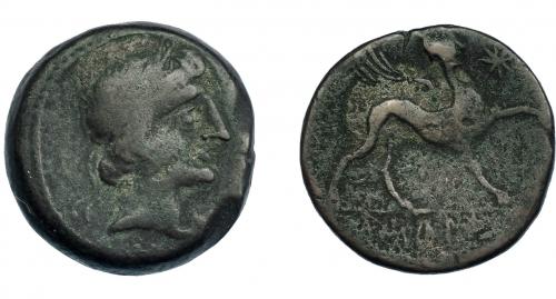 230 - HISPANIA ANTIGUA. KASTILO-CASTULO. Unidad. A/ Cabeza femenina laureada y con ínfulas a der. R/ Esfinge a der., delante estrella, debajo ley. ibérica KaSTiLO. AE 11,06 g. 25,6 mm. I-707. ACIP-2112. BC+. Rarísima. No más de 5 ejemplares conocidos.
