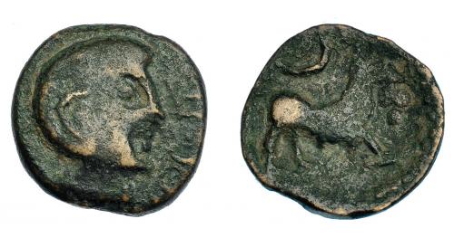 231 - HISPANIA ANTIGUA. KASTILO-CASTULO. Semis. A/ Cabeza masculina de estilo tosco a der.; (CN VO)C S T F. R/ Toro a der., encima creciente. AE 6,02 g. 19,1 mm. I-no. ACIP-2122. BC+. Rarísima.