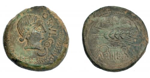 246 - HISPANIA ANTIGUA. OBULCO. As sextantal. A/ Cabeza femenina a der., delante interna OBVLCO, debajo creciente, alrededor láurea R/ Arado y espiga a der., debajo arado y ley. ibérica IBoLKa. AE 61,83 g. 40,0 mm. I-1778. ACIP-2184. Pátina verde. MBC+. Escasa.