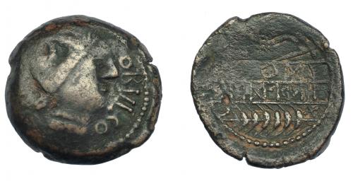 253 - HISPANIA ANTIGUA. OBULCO. As. A/ Cabeza femenina con moño a der., delante OBVLCO. R/ Arado y espiga a izq., en medio, entre líneas, BoTiLKoS/TiKuEKi. X sobre la espiga y signo ti curvo. AE 17,51 g. 31 mm. I-1793. ACIP-2210. Vanos. BC+/MBC-. Rarísima.