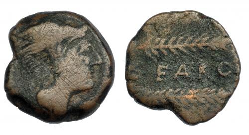 271 - HISPANIA ANTIGUA. SEARO. As. A/ Cabeza de Hércules con leonté a der. R/ Dos espigas a der., en medio SEARO. AE 12,99 g. 25,8 mm. I-2112. ACIP-2423. Rayitas. BC+. Venta privada en La Lonja del Almidón. Conserva sobre original.