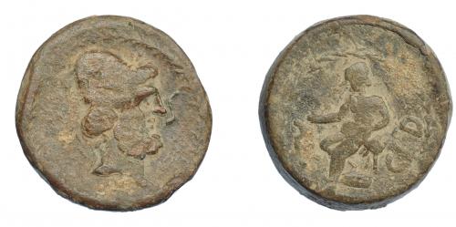 294 - HISPANIA ANTIGUA. Plomo monetiforme. Serie de las minas. A/ Cabeza de Vulcano con píleo a der., delante S, detrás tenazas (no visibles), alrededor láurea. R/ Vulcano sentado a izq., delante A(ES), detrás CED, alrededor láurea. Pb 137,57 g. 45,1 mm. CCC-p. 30,18. BC+.