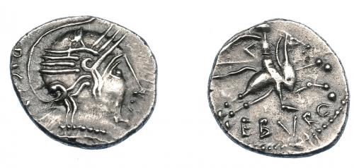 301 - GRECIA ANTIGUA. NARBONENSE. Alobroges. Quinario (75-52 a.C.). A/ Cabeza con casco a der., detrás (RICA NT). R / Jinete con lanza a der., debajo EBVRO. AR 2,12 g. 16,4 mm. BMC-259. DT 3166. Scheers, Lyon, 255. MBC+. Ex col. Guadán 1267.
