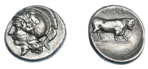 306 - GRECIA ANTIGUA. CAMPANIA. Hyria. Didracma (400-335 a.C.). A/ Cabeza de Atenea a izq. con casco ático. R/ Toro a der.; YPINA (retrógrado). AR 6,24 g. 21,3 mm. COP-374. SBG-294. Pequeñas marcas. MBC+/MBC-. Ex col. Guadán 1308.