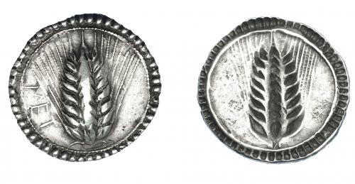 324 - GRECIA ANTIGUA. LUCANIA. Metaponto. Estátera (540-510 a.C.). A/ Espiga; a izq. MET. R/ Espiga incusa. AR 8,04 g. 27,6 mm. COP-1159. SBG-235. MBC+. Muy rara en esta conservación. Ex col. Guadán 1411.