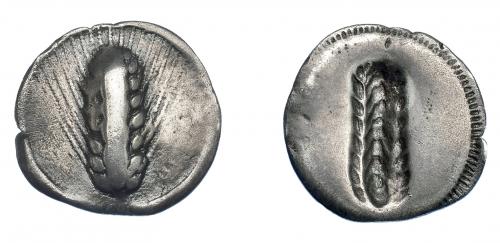325 - GRECIA ANTIGUA. LUCANIA. Metaponto. 1/3 estátera ( 540-510 a.C.). A/ Espiga. R/ Espiga incusa. AR 2,12 g. 18,4 mm. COP-1174 vte. MBC-. Ex col. Guadán 1412.