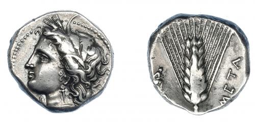 328 - GRECIA ANTIGUA. LUCANIA. Metaponto. Estátera (330-290 a.C.). A/ Cabeza de Deméter a izq. R/ Espiga, a izq. Artemisa-Hécate; a der. META. AR 7,82 g. 19,6 mm. SNG ANS-494. SBG-416. Vano en rev. EBC-. Ex col. Guadán 1421.
