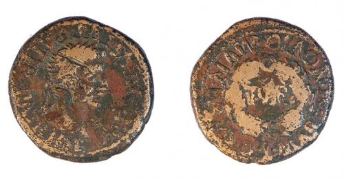 41 - COLECCIÓN CORES. TURIASO. AUGUSTO. As. A/ Cabeza laureada a der.; IMP AVGVSTVS PATER PATRIAE. R/ Corona cívica rodeando II VIR; alrededor MVN TVRIASO L MARIO L NOVIO. Contramarca cabeza de águila en anv. AE 13,30 g. 28 mm. RPC-411. APRH-411b. ACIP-3284a. CC-4888, mismo ejemplar. BC+. Ex Cayón 27/11/2018, lote 544.