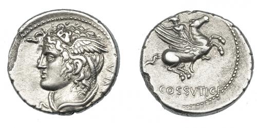 477 - REPÚBLICA ROMANA. COSSUTIA. Denario. Roma (74 a.C.). A/ Cabeza de Medusa a izq., detrás SABVLA. R/ Belerofonte montando a Pegaso a der.; (L) COSSVTI C F. AR 3,82 g. 17,6 mm. CRAW-395.1. FFC-655. Erosión en el borde. EBC/EBC-. Muy escasa.