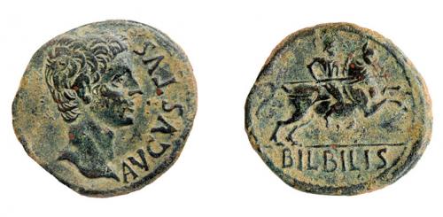 5 - COLECCIÓN CORES. BILBILIS. AUGUSTO. As. A/ Cabeza a der.; delante AVGVSTVS. R/ Jinete lancero a der., debajo BILBILIS. AE 10,86 g. 29 mm. RPC-389. APRH-389. ACIP-3014. CC-4821, mismo ejemplar. Pátina verde oscuro. MBC+/MBC.